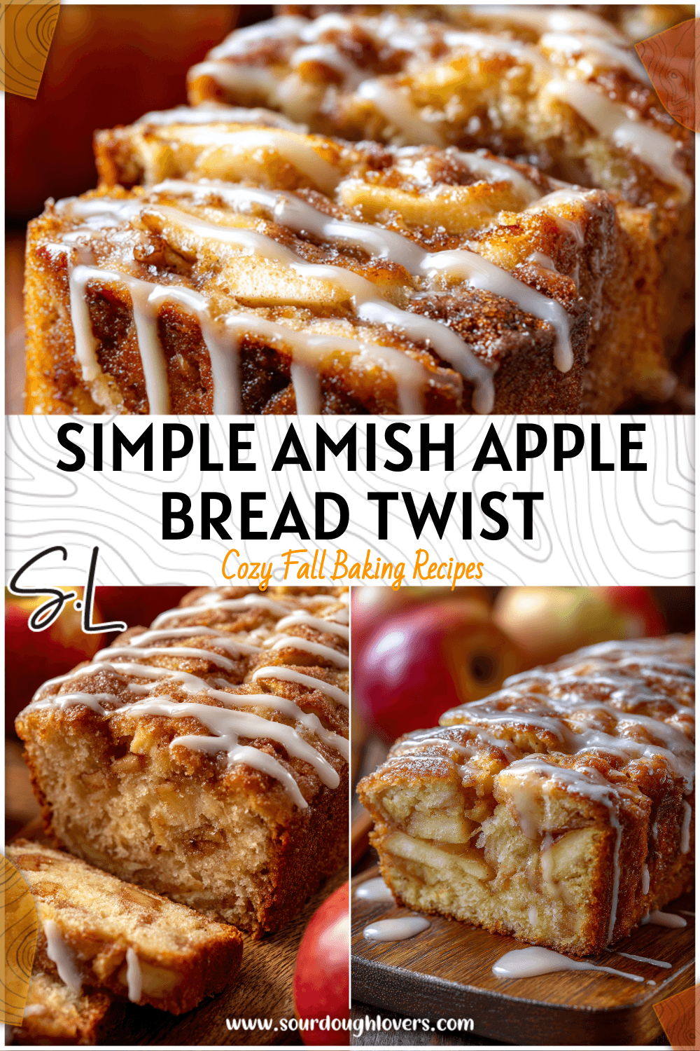Sliced Amish Apple Fritter Bread With Cake Mix topped with cinnamon sugar and drizzled icing.